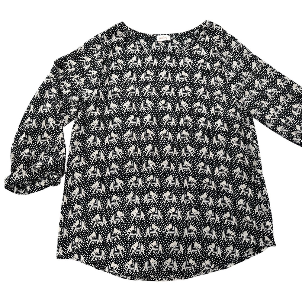 PIXLEY Elephant Print Top Dark Gray 3/4 Length Roll Tab Sleeves Women's Small